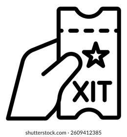 Entrance ticket in hand line icon, exhibition concept. Vector graphics. Coupon bill sign on white background, style mobile or design