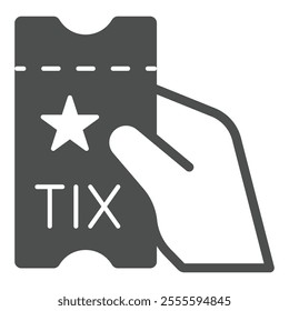 Entrance ticket in hand solid icon, exhibition concept. Vector graphics. Coupon bill sign on white background, glyph style icon for mobile or web design