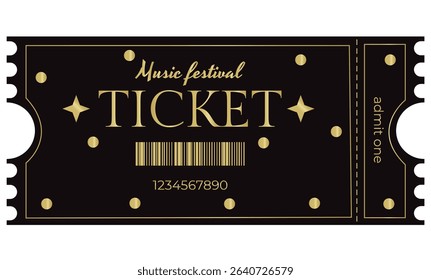Entrance ticket on black background, vector, sample, template, Music festival, concert, music, gold, stars, barcode