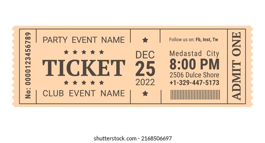 Entrance ticket template for event, hangout in retro style