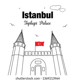 Entrance to the Topkapi palace, Istanbul, Turkey. The large Gate of Salutation. Vector illustration. Tourist attractions in Istanbul.  Topkapi Palace line vector. Ottoman Empire