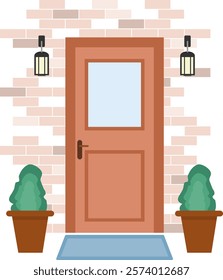 Entrance, vintage door with lanterns and potted plants against a brick wall. Vector, designer illustration. Vector.