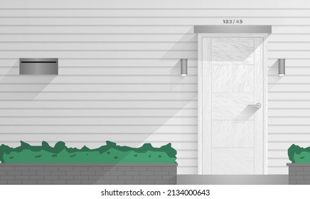 Entrance vintage house. Frontside residence white wood door wall, metal lamp mailbox with plant gate. White architecture elevation with shadow.