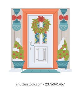 Entrance white door decorated for Christmas and New Year holiday. Traditional Xmas home decoration, fir trees, wreath and red bows. Vector illustration winter house porch exterior
