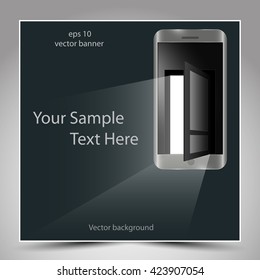 Entrance to the world of digital technology. Mobile phone with the door open