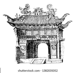 Entrance-Gate to the Temple of Confucius at Shanghai, temple, confucius, shanghai, entryway, gateway, opening, vintage line drawing or engraving illustration