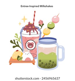 Concepto de Milkshakes de Inspiración Entree. Representación artística de bebidas de postre únicas con Elementos lúdicos. El diseño creativo de bebidas se une a la fantasía. Ilustración vectorial.