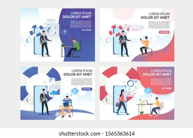 Entrepreneur asking expert for help set. Meeting of business person and gadget user, lifebuoy. Flat vector illustrations. Business consulting concept for banner, website design or landing web page