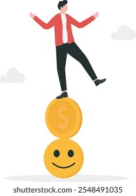 Emprendedor que se equilibra en una pila de caras sonrientes y monedas de dólar. Equilibrio entre el dinero y la felicidad, la riqueza y la salud, eligiendo una vida significativa y el éxito real.
