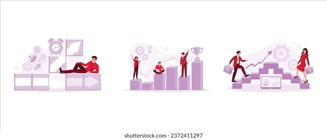 El emprendedor construye una ruta alternativa. Un hombre de negocios parado en una escalera de la gráfica simboliza un camino de carrera. Desarrollo del concepto empresarial. Establecer la imagen plana vectorial moderna de tendencia