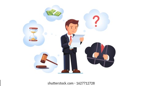 Entrepreneur business man risks & problems concept. Reading legal paper, bill or subpoena in fear. Prosecution due to bank debts, breaking law, financial bankruptcy. Flat vector character illustration