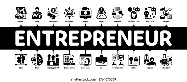 Entrepreneur Business Minimal Infographic Web Banner Vector. Entrepreneur Businessman And Agreement, Idea And Work, Money Growth Arrow And Case Illustration
