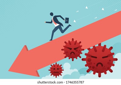 Entrepreneur Business Owner Fight To Survive In COVID-19 Or Coronavirus Crisis Recession Concept, Businessman Business Owner Fight Pushing Red Arrow Pointing Down Graph Pathogen. Vector Cartoon Design