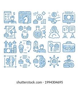 Entrepreneur Business sketch icon vector. Hand drawn blue doodle line art Entrepreneur Businessman And Agreement, Idea And Work, Money Growth Arrow And Case Illustrations