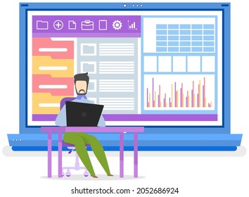 Entrepreneur in business suit working at computer. Man sitting with laptop surfing internet, analysing data. Manager uses modern technology for work with statistics. Clerk, office worker at workplace