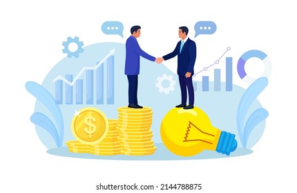 Entrepreneur Businessman Standing On Lightbulb Shaking Hands With VC On Money Coins Stack. Successful Business Negotiation, Partnership. Selling Startup Business Or Merger Agreement. Vector Design