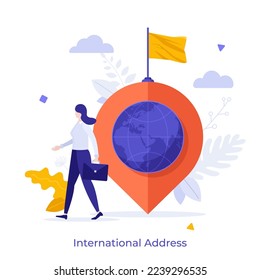 Entrepreneur or businesswoman with briefcase, globe inside map pin and flag on top. Concept of international address or location, business destination point. Modern flat vector illustration for poster