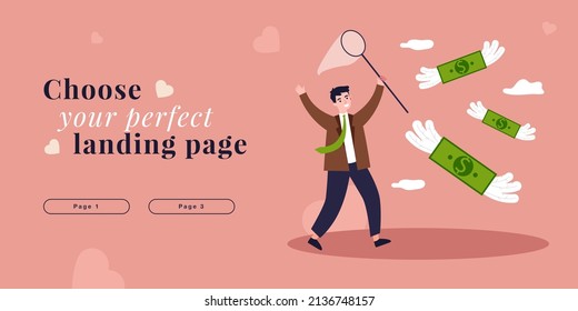 Entrepreneur chasing money with butterfly net. Man running after cash money flying away flat vector illustration. Entrepreneurship, profit concept for banner, website design or landing web page
