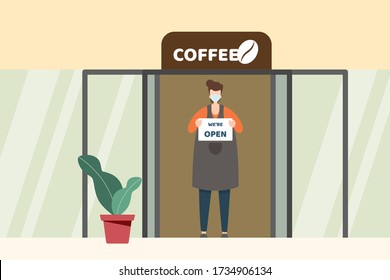 Emprendedor de una cafetería con mascarilla de cara proteja para el cóvido-19 coronavirus sosteniendo el texto de la etiqueta "ESTAMOS ABIERTOS, POR FAVOR USANDO MÁSCARA" sólo orden de retirada. ilustración vectorial.