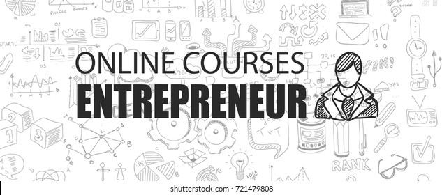 Entrepreneur concept with Business Doodle design style: online courses, sales and offers, best practice.