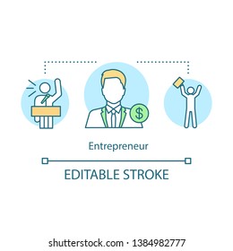 Entrepreneur concept icon. Businessman. Manager. Oratory trainer. Successful speech to audience. Business coach idea thin line illustration. Vector isolated outline drawing. Editable stroke