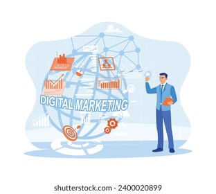 Emprendedor crea una solución de marketing digital en pantalla virtual. Están usando plataformas de publicidad digital a través de los medios sociales para mejorar el marketing. Marketing digital, concepto de marketing en internet. 