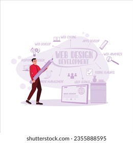 An entrepreneur creates a website development scheme using a gadget with icons on the screen. Web design concept. Trend Modern vector flat illustration
