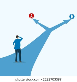 The entrepreneur decides between two alternatives. Choice decision making as two separate path choices to choose from. Business choice and dilemma concept. Vector illustration. business or life