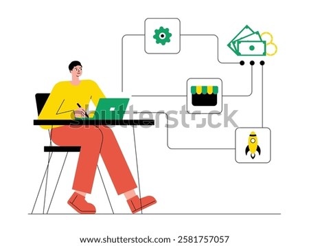 An entrepreneur is designing the process of ideas to marketing the products he makes himself, solopreneur vector illustration.