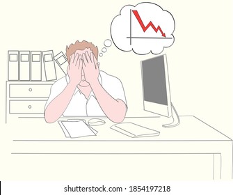 The Entrepreneur At The Desk Is Depressed, Covering His Face As Sales Decline. Hand Drawn Style Vector Design Illustrations