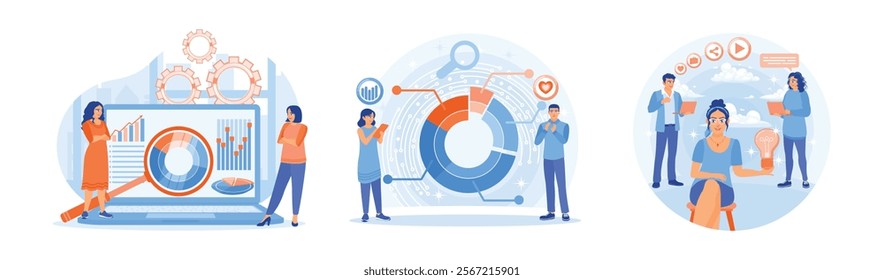 Entrepreneur Developing business strategies to improve marketing. Analyze charts. Study consumer shopping habits. Market Research Concept. Flat vector illustration.