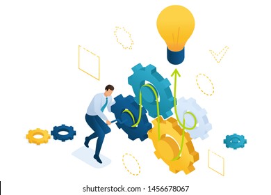 Entrepreneur develops a business idea twists gears. Concept of creating a business idea. 3d isometric Concept for web design