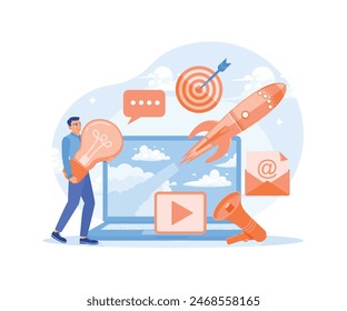 The entrepreneur develops business ideas. Improve marketing to achieve business goals. Digital Marketing concept. Flat vector illustration.