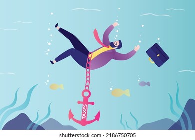 Entrepreneur drowning in large amount of tax debts. Anchor on chain pulls businessman to bottom of sea. Taxpayer faced major financial problems. Bankruptcy and tax increases. Flat vector illustration