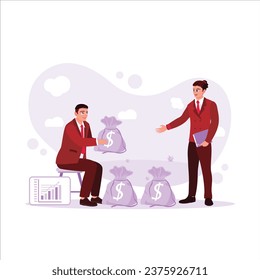 An entrepreneur experiences economic difficulties and borrows money from other entrepreneurs for investment. Save Money concept. Trend Modern vector flat illustration