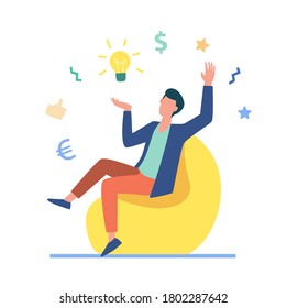 Entrepreneur finding brilliant idea. Excited man with shining bulb above him flat vector illustration. Startup, new project, creativity concept for banner, website design or landing web page