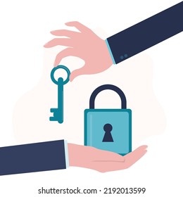 Entrepreneur hand holds closed padlock, another businessman gives a key. Help in solving problems. Unlocking new skills and abilities. Business development, mentor helps beginner. Vector illustration