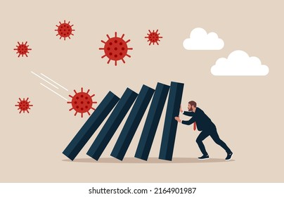 Entrepreneur help pushing bar graph falling in economic collapse from COVID-19 virus pathogen. COVID-19 Coronavirus outbreak financial crisis help policy and business to survive concept.