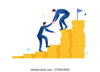 An entrepreneur helps a friend climb the ladder to wealth. Flat 2D. vector illustration web design.