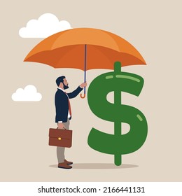 Entrepreneur holding big umbrella covered dollar sign money. Income protection insurance, protect money or investment wealth, secure savings in economic crisis.