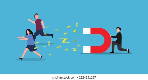 Entrepreneur holding large magnet and attract money form customers 2d vector illustration concept for banner, website, illustration, landing page, flyer, etc