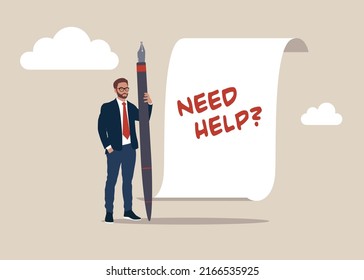 Entrepreneur holding holding pen thinking about "Need help?" written in red on notepad.