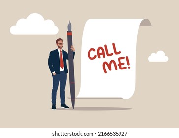 Entrepreneur holding holding pen thinking about "Call me!" written on notepad.
