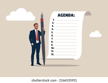 Entrepreneur Holding Holding Pen Thinking About Agenda Of A Meeting With Few Items.