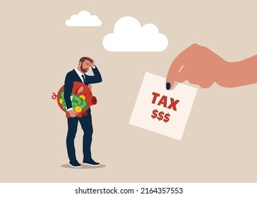 Entrepreneur holding saving piggybank looking at tax bills. Tax burden or debt to pay for income tax, financial charge and duty to pay for government, accounting or bills, wealth management.