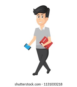 
An entrepreneur holding smartphone and file while moving towards a direction symbolizing businessman.
