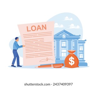 The entrepreneur holds a loan agreement letter from the bank, which the bank officer has approved. Approved Loan concept. Flat vector illustration.