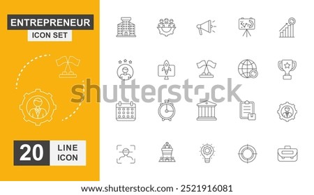 Entrepreneur icon set. Company, idea, strategy, chart and more line icon.