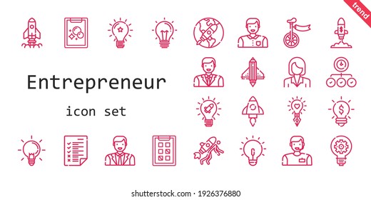 entrepreneur icon set. line icon style. entrepreneur related icons such as task, idea, startup, unicycle, ideas, man, businesswoman, tasks