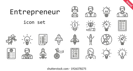 conjunto de iconos de emprendedores. estilo de icono de línea. iconos relacionados con el emprendedor como clérigo, tarea, inicio, idea, unicycle, ideas, hombre, empresaria, tareas